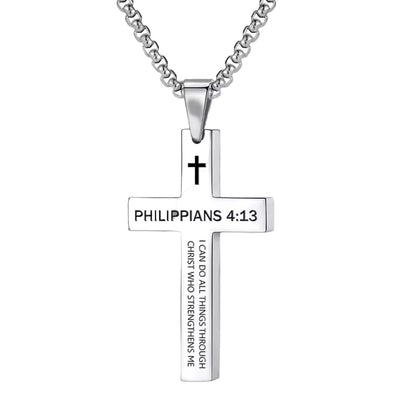 Philippians 4:13 Cross Necklace - Stainless Steel Bible Verse Pendant