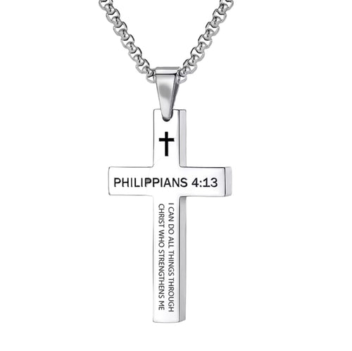 Philippians 4:13 Cross Necklace - Stainless Steel Bible Verse Pendant