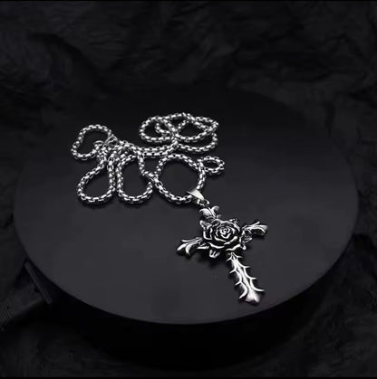 Vintage Rose Cross Pendant Necklace