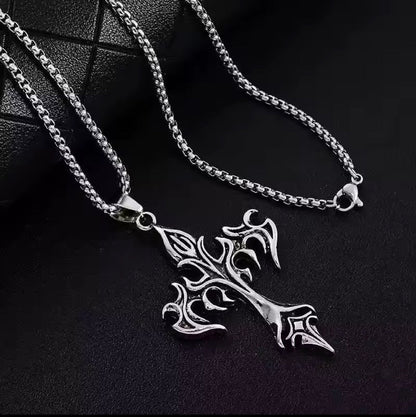 Vintage Flame Cross Pendant Necklace – Gothic Christian Fashion Jewelry