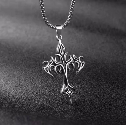 Vintage Flame Cross Pendant Necklace – Gothic Christian Fashion Jewelry